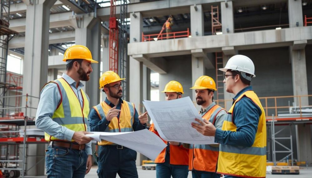 Construction engineers discussing plans on a building site with structural framework in the background.