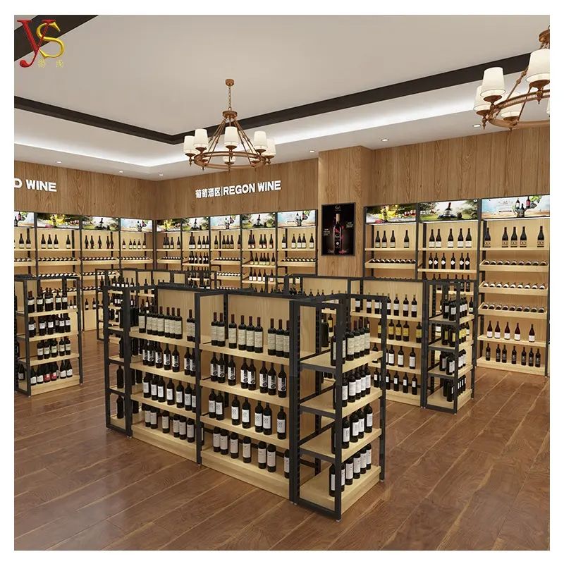 Wine shop, neat and clean, with wooden shelves and racks of wine bottles.