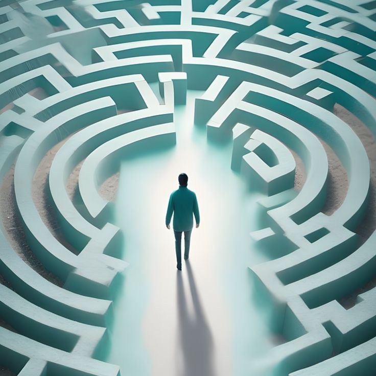 A person who is walking through a large, complicated maze with towering walls and complex pathways.