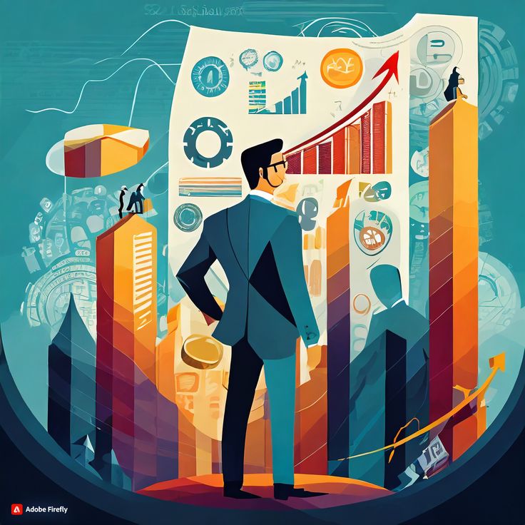 A businessman analyzing a rising graph and growth charts symbolizing financial success and strategic progress