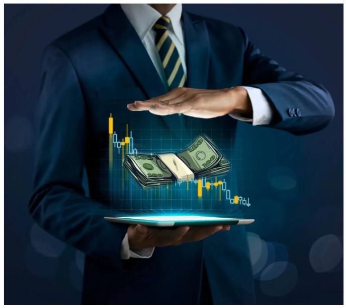 A giant hand holding a money bag labeled with a dollar sign over a group of businesspeople standing on a smartphone screen, symbolizing financial power and mobile commerce.