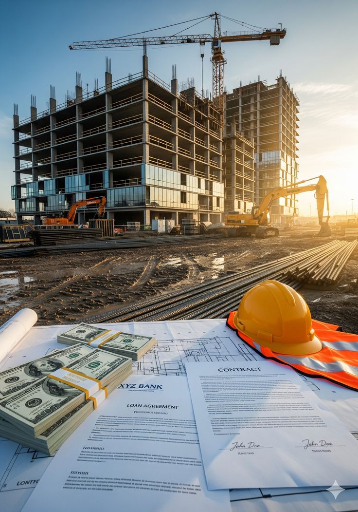 Construction site with a building under development, featuring cranes, construction equipment, and plans with bundles of cash and safety gear in the foreground.