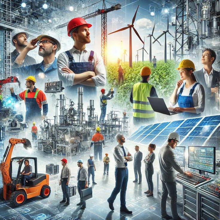 A collage depicting professionals and workers in renewable energy, industrial, and technological sectors collaborating on sustainable and innovative projects.