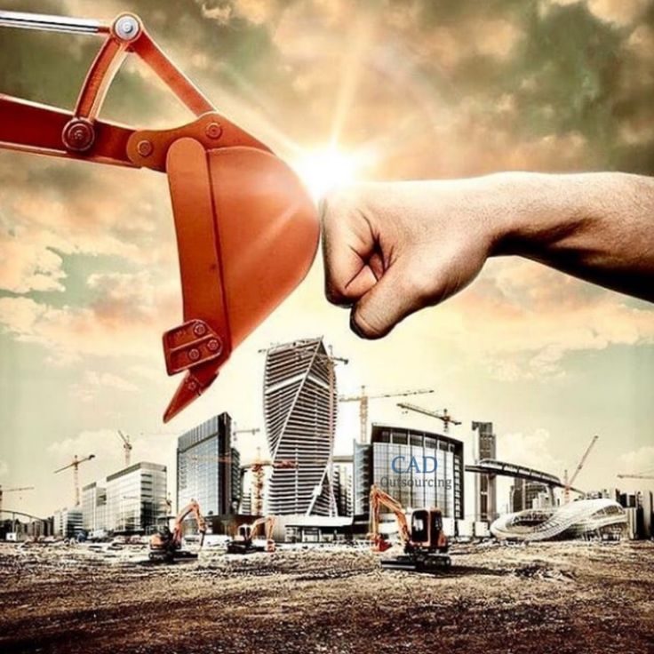 A giant fist appears to punch a construction excavator in a cityscape under construction, creating a surreal scene.