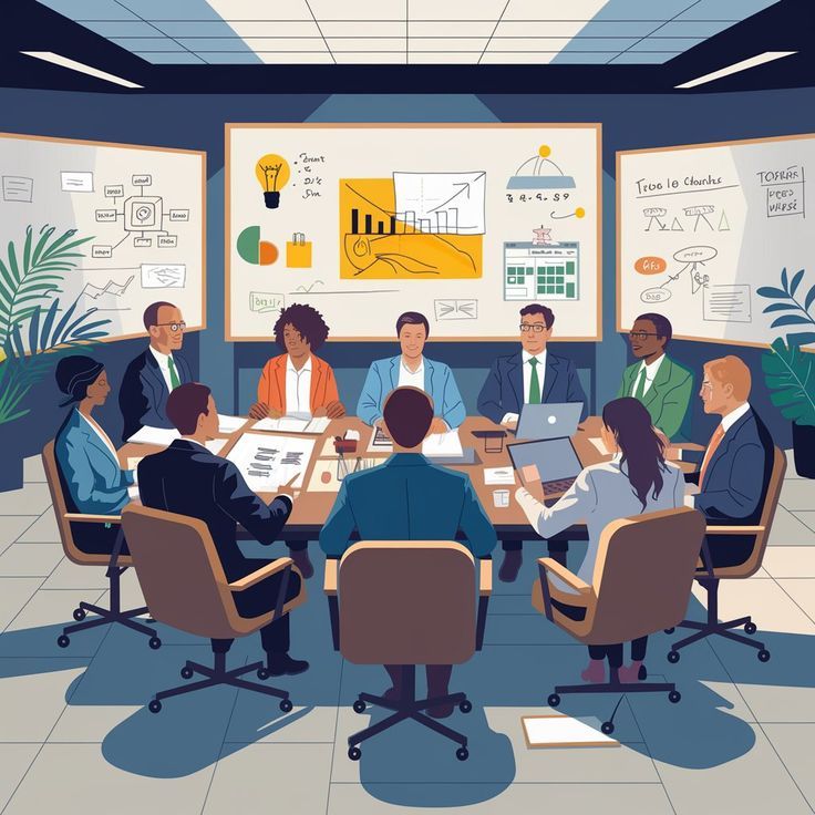 A diverse group of professionals engaged in a business meeting around a conference table with data charts and notes displayed on large whiteboards.
