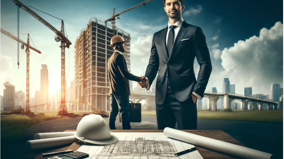 A businessman shaking hands at a construction site with skyscrapers and cranes in the background.