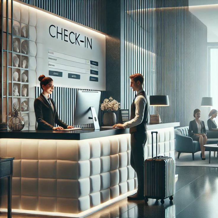 A man checking in at a modern hotel reception desk with a staff member, while other guests wait in the stylish lounge area.
