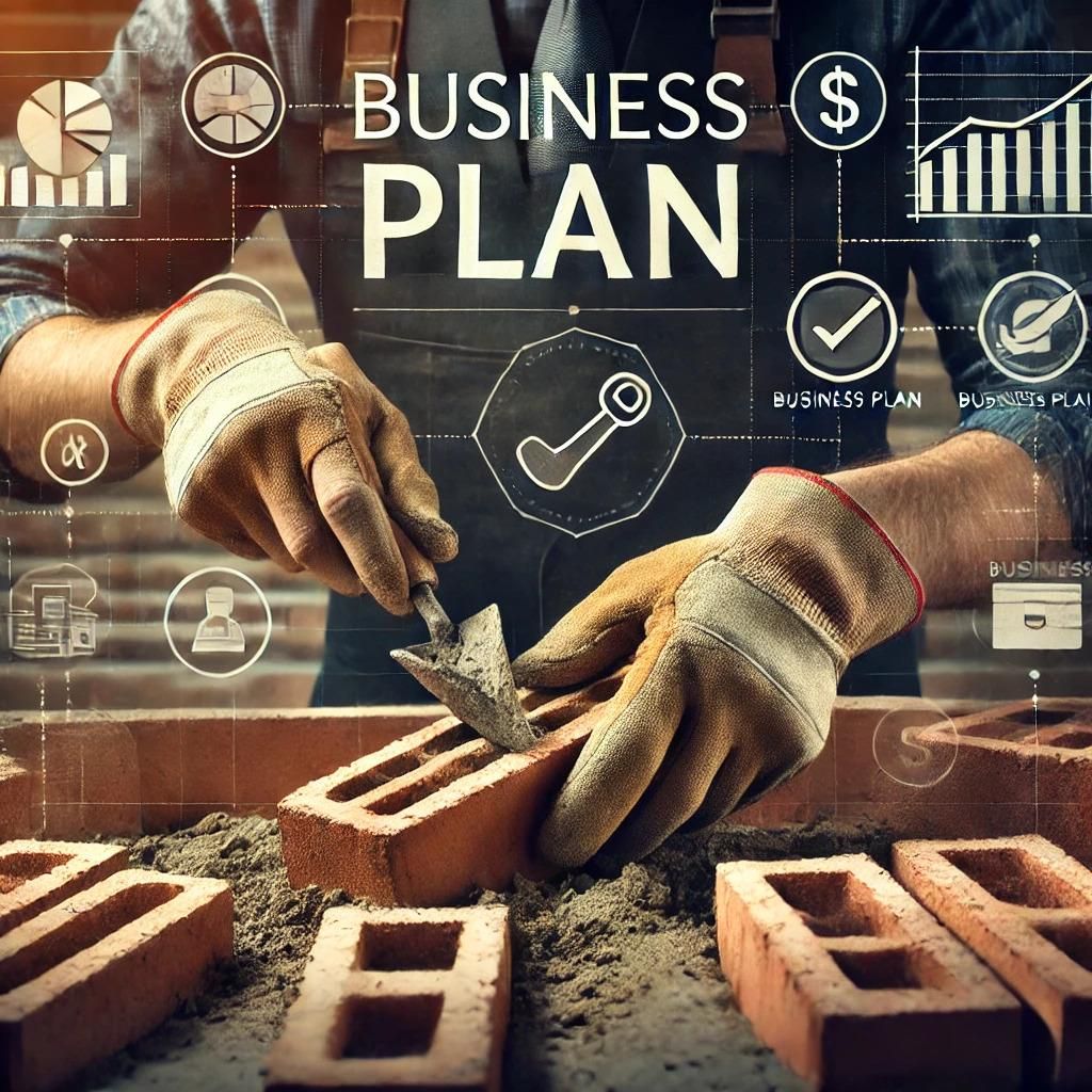 A person laying bricks at a construction site with a digital overlay of a business plan and related icons.