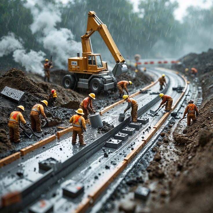 Construction workers building a railway track in rainy weather with a large excavator and ongoing track installation.