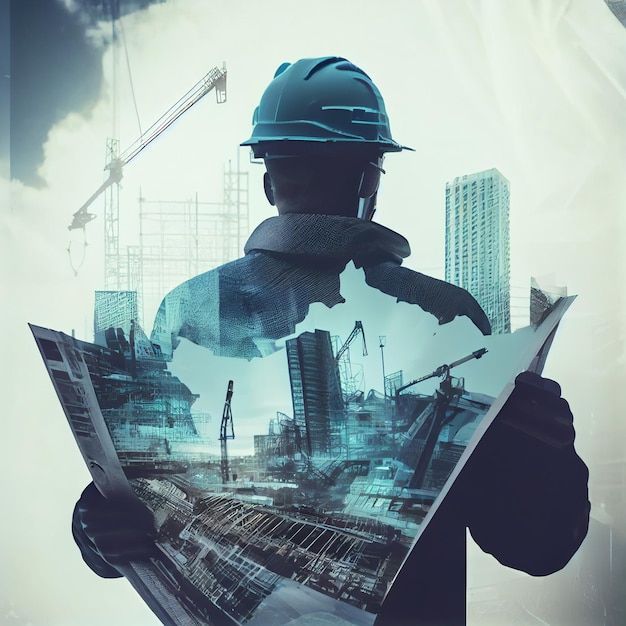 A construction worker wearing a helmet, looking at blueprints overlaid with a cityscape under construction.