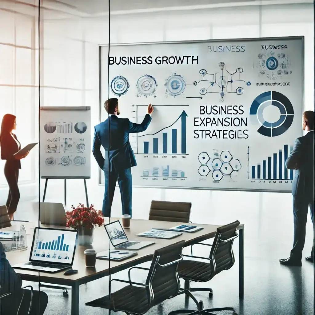 A business professional presenting growth charts and expansion strategies on a whiteboard during a corporate meeting, with colleagues observing.