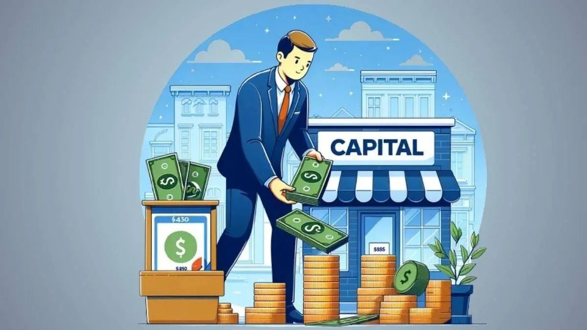 A businessman handling money in front of a capital building, surrounded by stacks of coins and dollar bills.