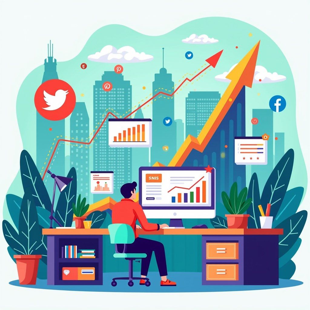 A person analyzing social media growth and data trends on a computer with rising graphs and social media icons in a cityscape background.