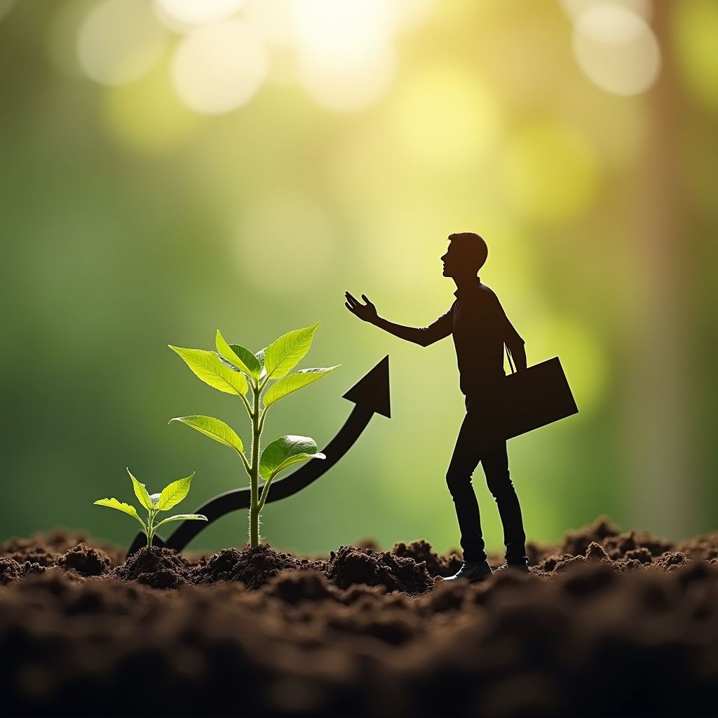 A silhouette of a person reaching toward a growing plant with an upward arrow, symbolizing personal or career growth.