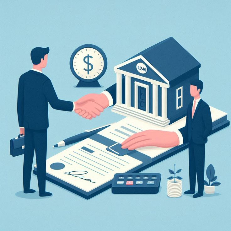 An illustration of a business handshake over loan documents and a bank building, representing a formal loan agreement or financing deal.