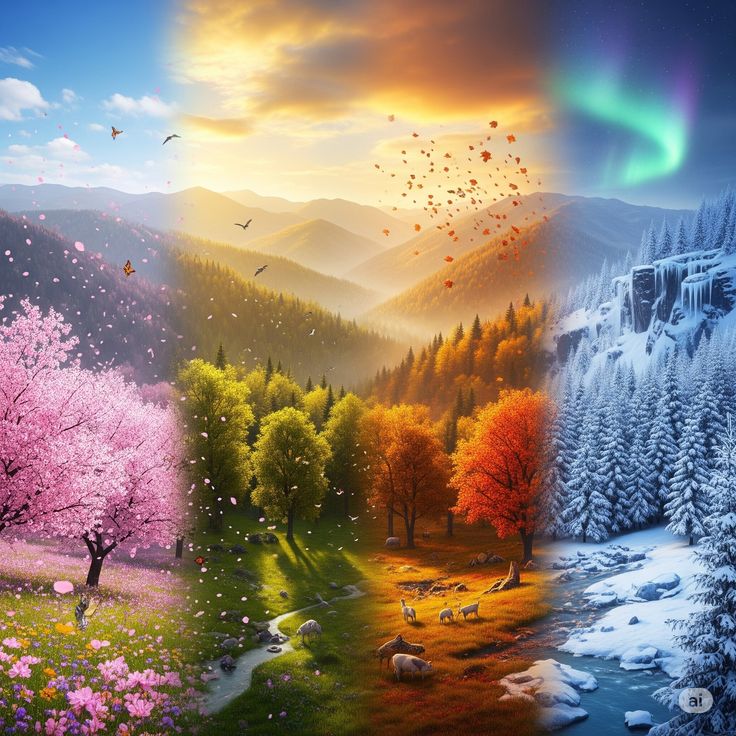 A vibrant landscape depicts the four seasons transitioning seamlessly from spring to summer to autumn to winter in one scene.