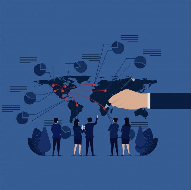 A business team analyzes global data and connections on a world map with charts and strategic indicators.