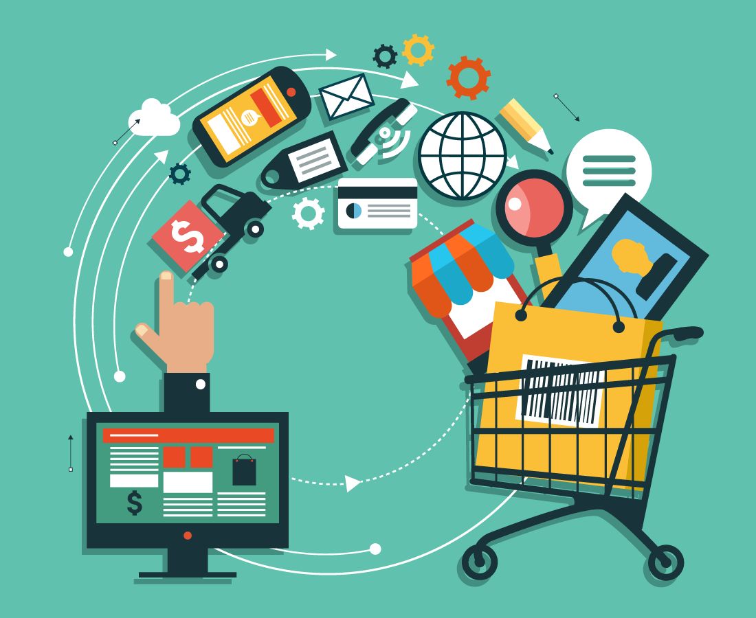An illustration of online shopping showing digital devices, payment, and products flowing into a shopping cart.