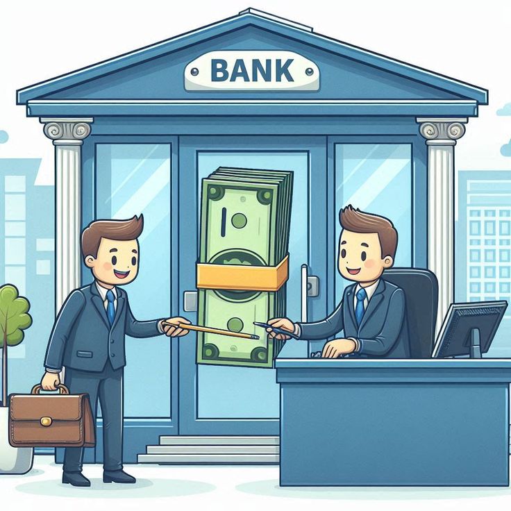 A cartoon illustration of a bank representative handing money to a customer, symbolizing a loan or financial transaction.