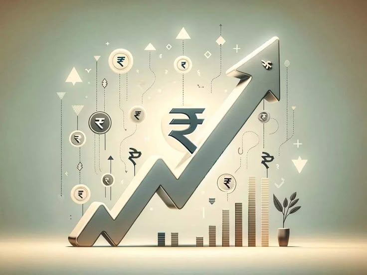 An upward financial growth arrow with Indian rupee symbols, charts, and coins, representing increasing profits, revenue growth, and business expansion.