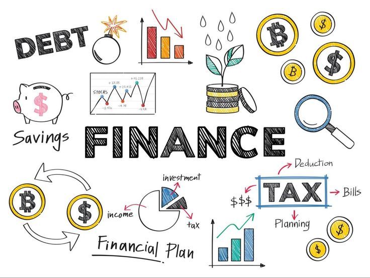Illustrated finance concept showing debt, savings, investments, taxes, income, and financial planning with charts, icons, and currency symbols.