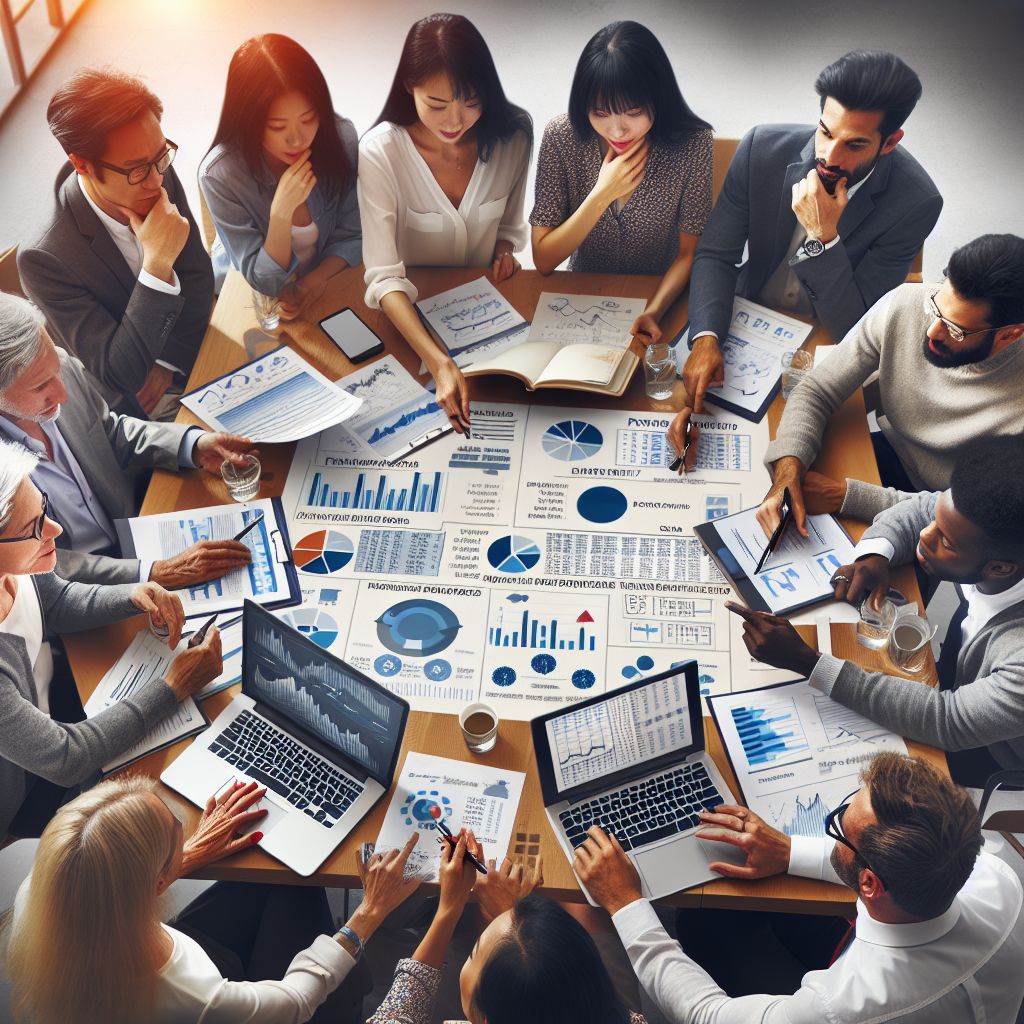 A diverse team of professionals collaborates around a table, analyzing charts, graphs, and financial reports during a business strategy meeting.