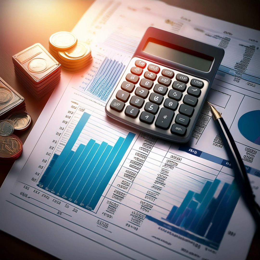 A calculator placed on financial reports with charts, coins, and documents, representing budgeting, accounting, and financial analysis.