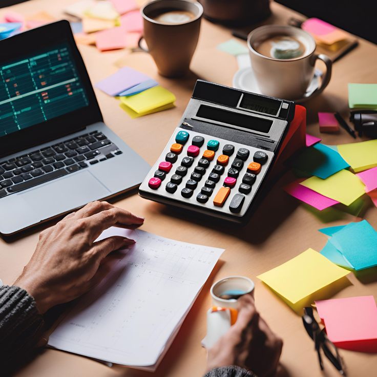 A person working at a desk with a calculator, laptop, notes, and coffee, calculating finances and reviewing documents in the workspace.