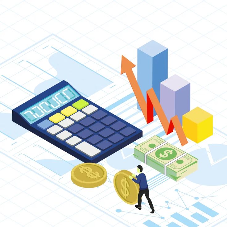 Illustration showing a calculator, stacked coins, cash bundles, and rising bar graphs symbolizing financial growth, profit calculation, and business funding.