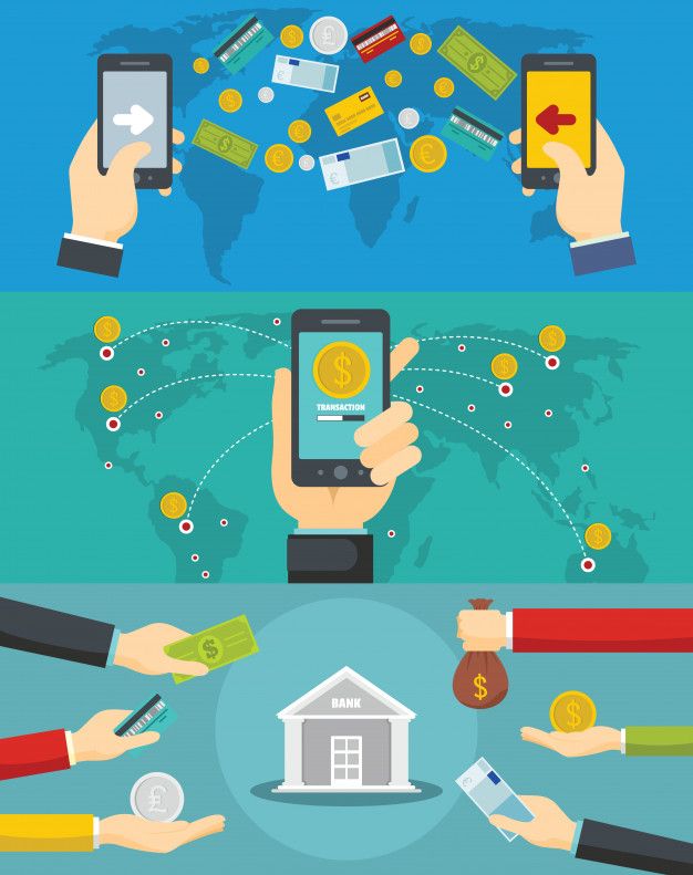 Illustration of digital and global money transfers showing smartphones, credit cards, coins, and cash moving across a world map and through a bank, representing online payments and financial transactions.