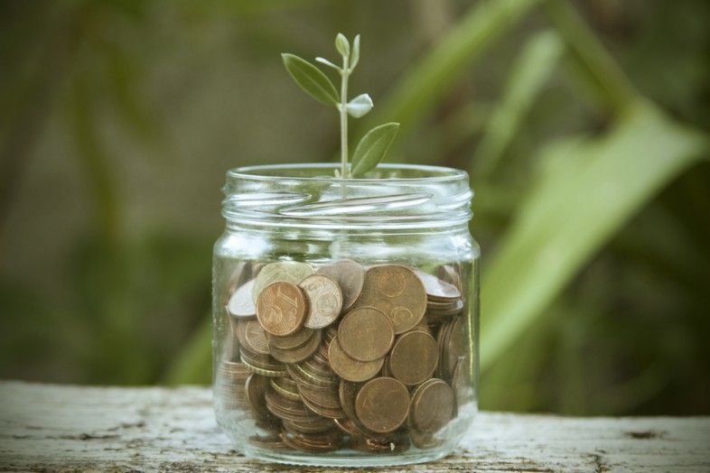 A glass jar filled with coins outdoors, with a small green plant sprouting from the top, representing savings, investment growth, and financial sustainability.
