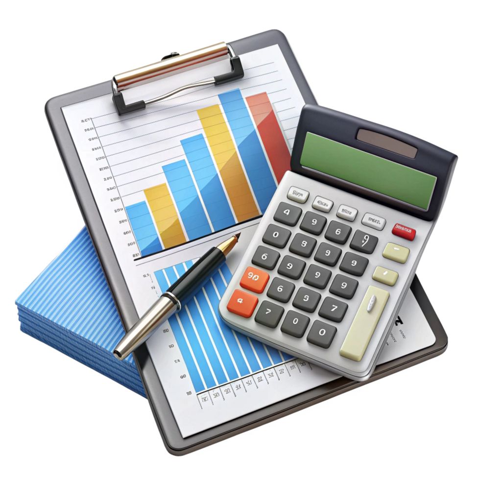 A calculator placed on top of financial reports with bar charts and graphs, alongside a pen and clipboard, representing financial analysis, accounting, and business performance evaluation.