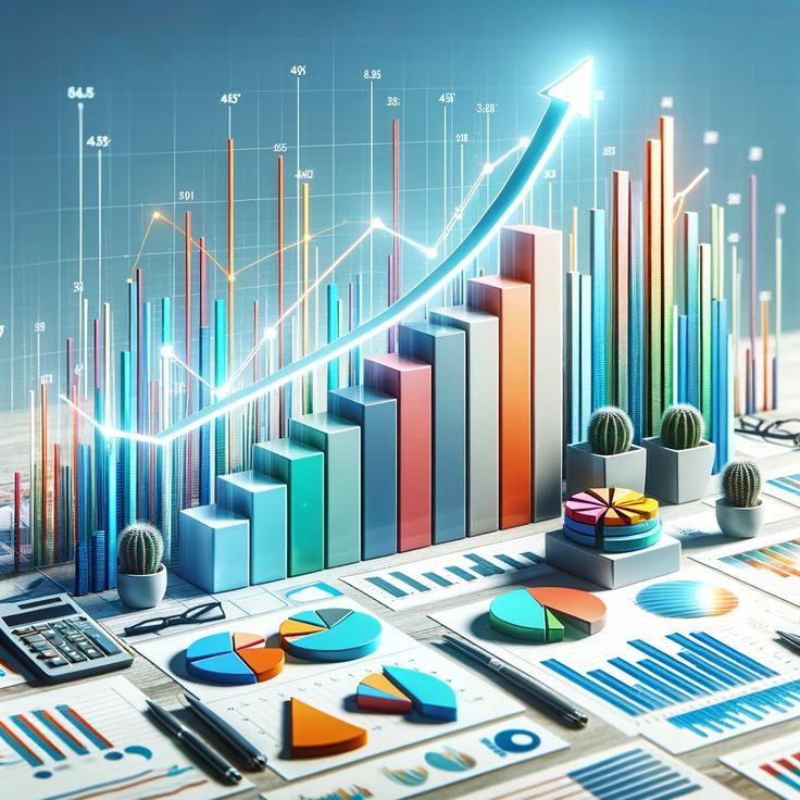 Colorful financial growth chart showing rising bar graphs, upward arrow, and pie charts on a desk, symbolizing business growth, financial analysis, and performance tracking.