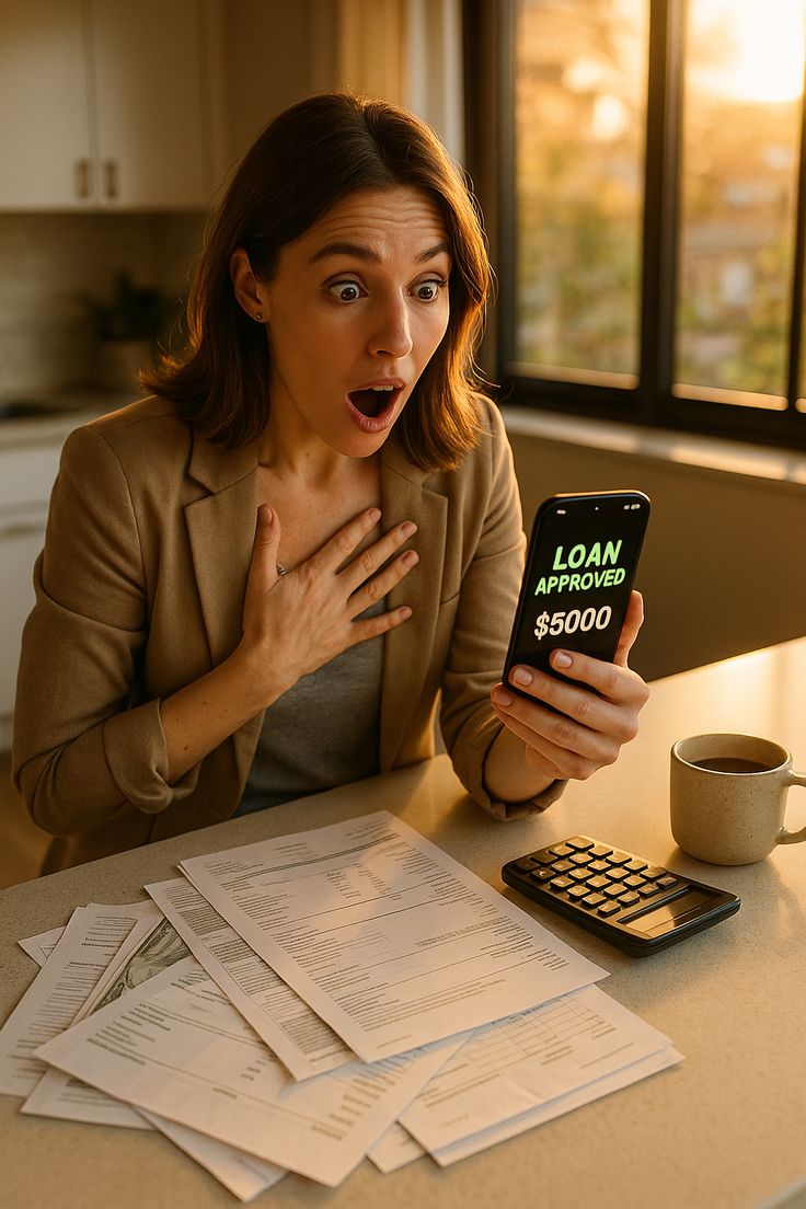 A surprised woman sitting at a table with financial papers, looking at her phone showing “Loan Approved $5000,” with a calculator and coffee mug beside her.