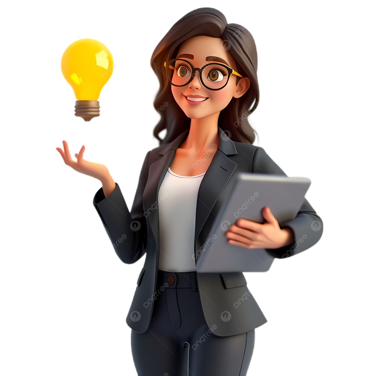 3D illustration of a professional businesswoman holding a tablet and presenting a glowing light bulb, symbolizing innovation, smart ideas, and technology-driven business solutions.