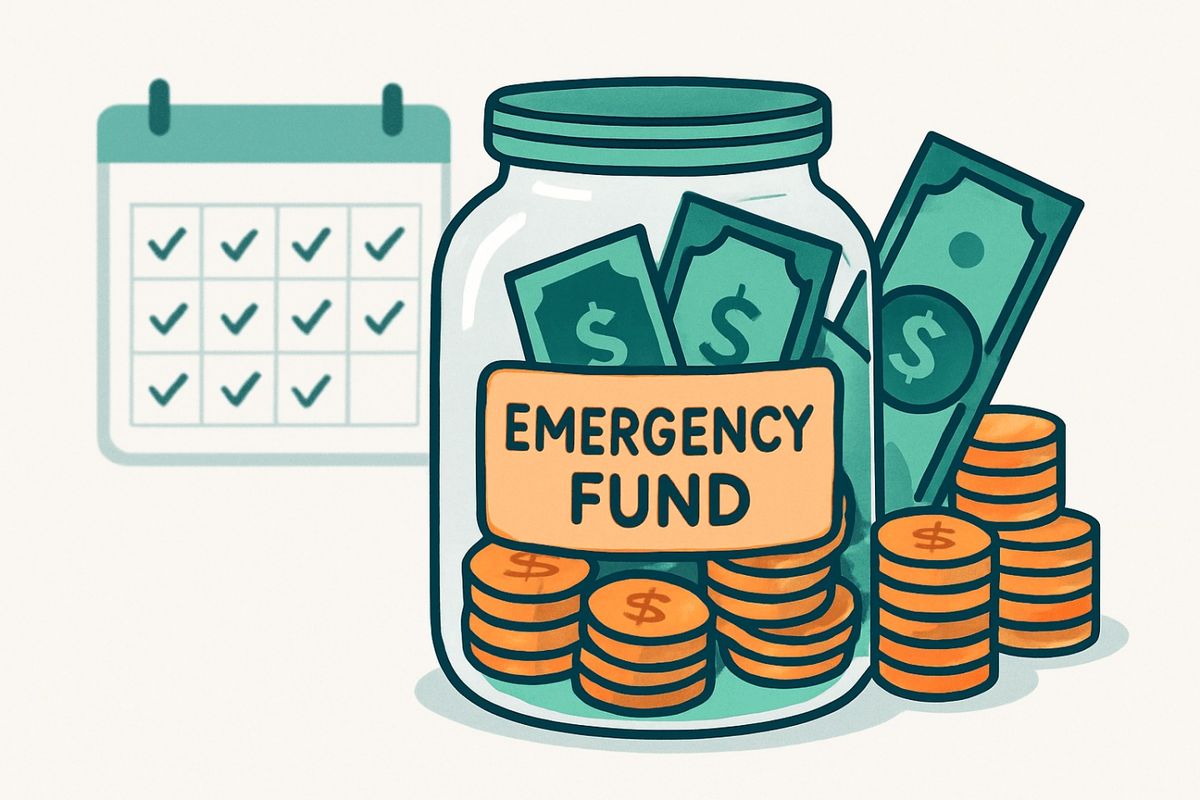 Illustration of an emergency fund jar filled with cash and coins, labeled “Emergency Fund,” alongside a checklist calendar, symbolizing savings, financial planning, and preparedness for unexpected expenses
