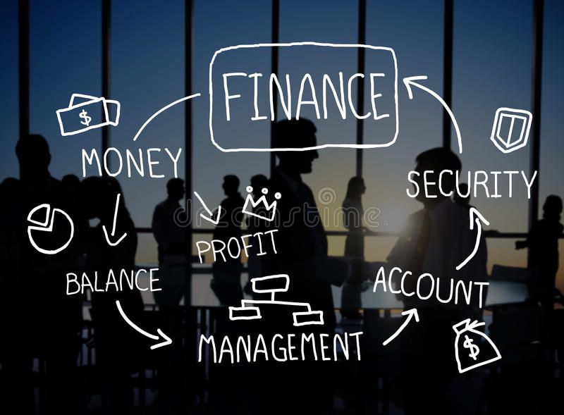 Silhouettes of business professionals with overlaid finance concepts; money, balance, profit, management, security, and accounts; arranged around the word “Finance,” representing corporate financial strategy and management.