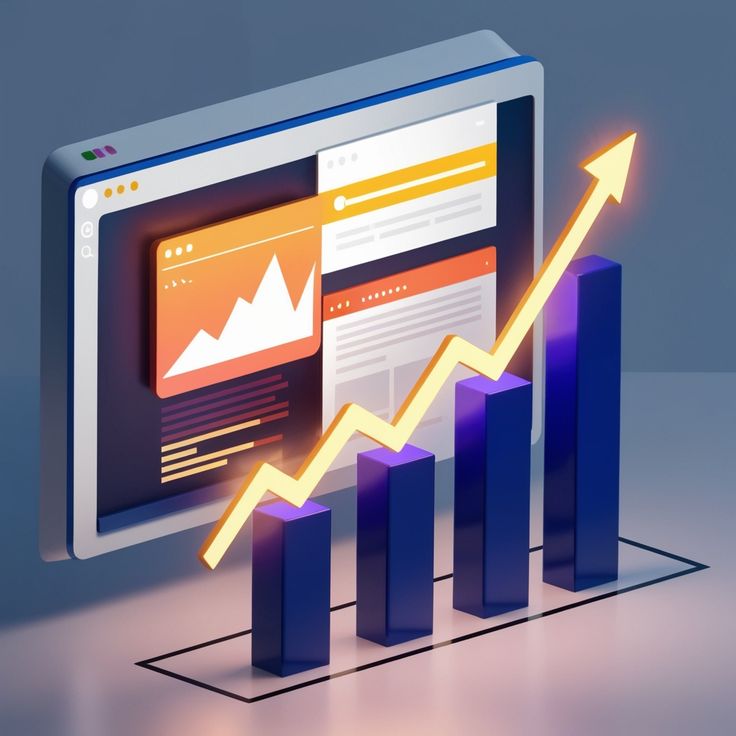 A modern digital dashboard displayed on a computer screen with rising bar charts and an upward arrow, representing business growth, data analytics, performance tracking, and increasing financial success.