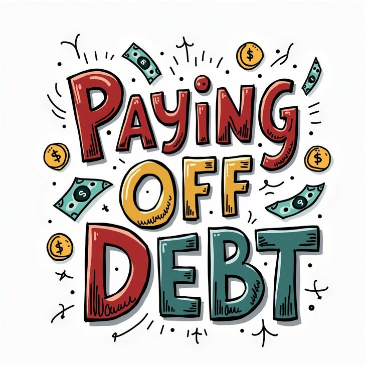 A colorful hand-drawn illustration with the words “Paying Off Debt” surrounded by coins and currency notes, symbolizing debt repayment, financial discipline, and money management.