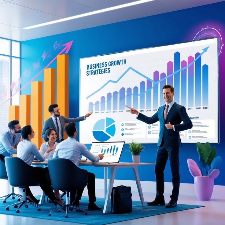 Business team in a modern office reviewing business growth strategies, with a presenter pointing to rising charts and graphs on a digital screen during a strategy meeting.