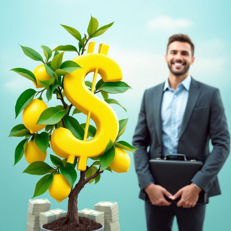 Businessman standing beside a money tree with a dollar sign growing among lemons, symbolizing business growth, cash flow, and financial funding