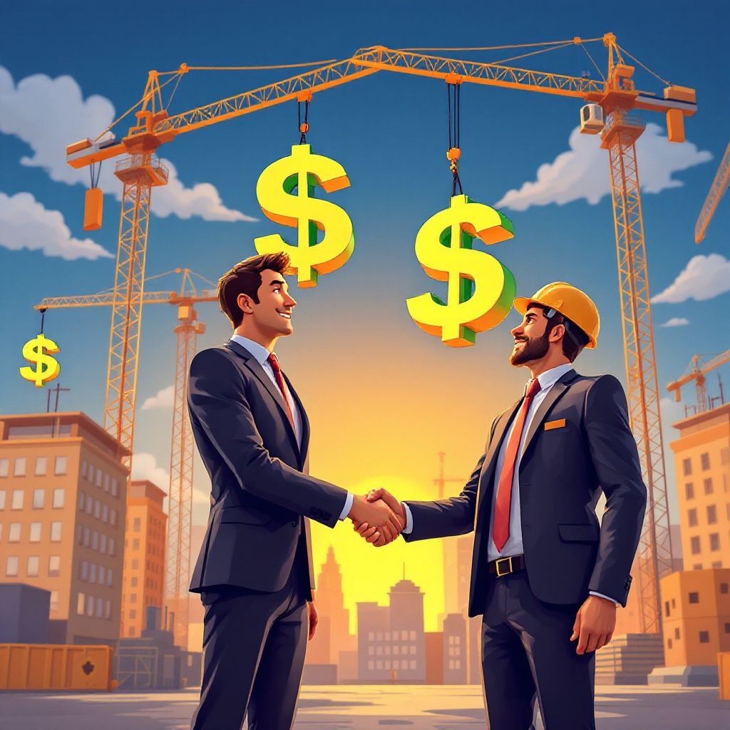 Two business professionals shaking hands at a construction site with cranes lifting dollar signs, symbolizing business funding, investment growth, and merchant cash advance solutions