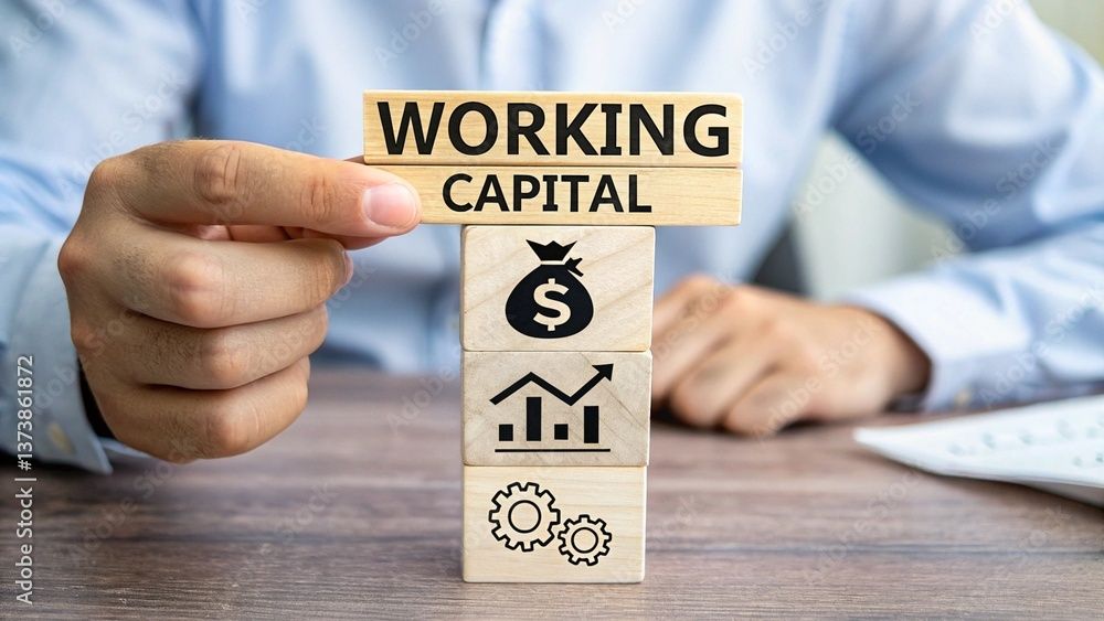 Business owner stacking wooden blocks labeled “Working Capital” with financial icons, representing merchant working capital funding and cash flow growth solutions.