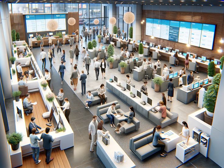 Busy modern startup bank interior with entrepreneurs meeting advisors and using digital kiosks, representing startup banks and merchant cash advances for fast business funding.