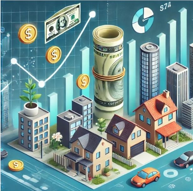 Construction business finances concept with houses, buildings, money, and charts illustrating merchant cash advance supporting cash flow management.