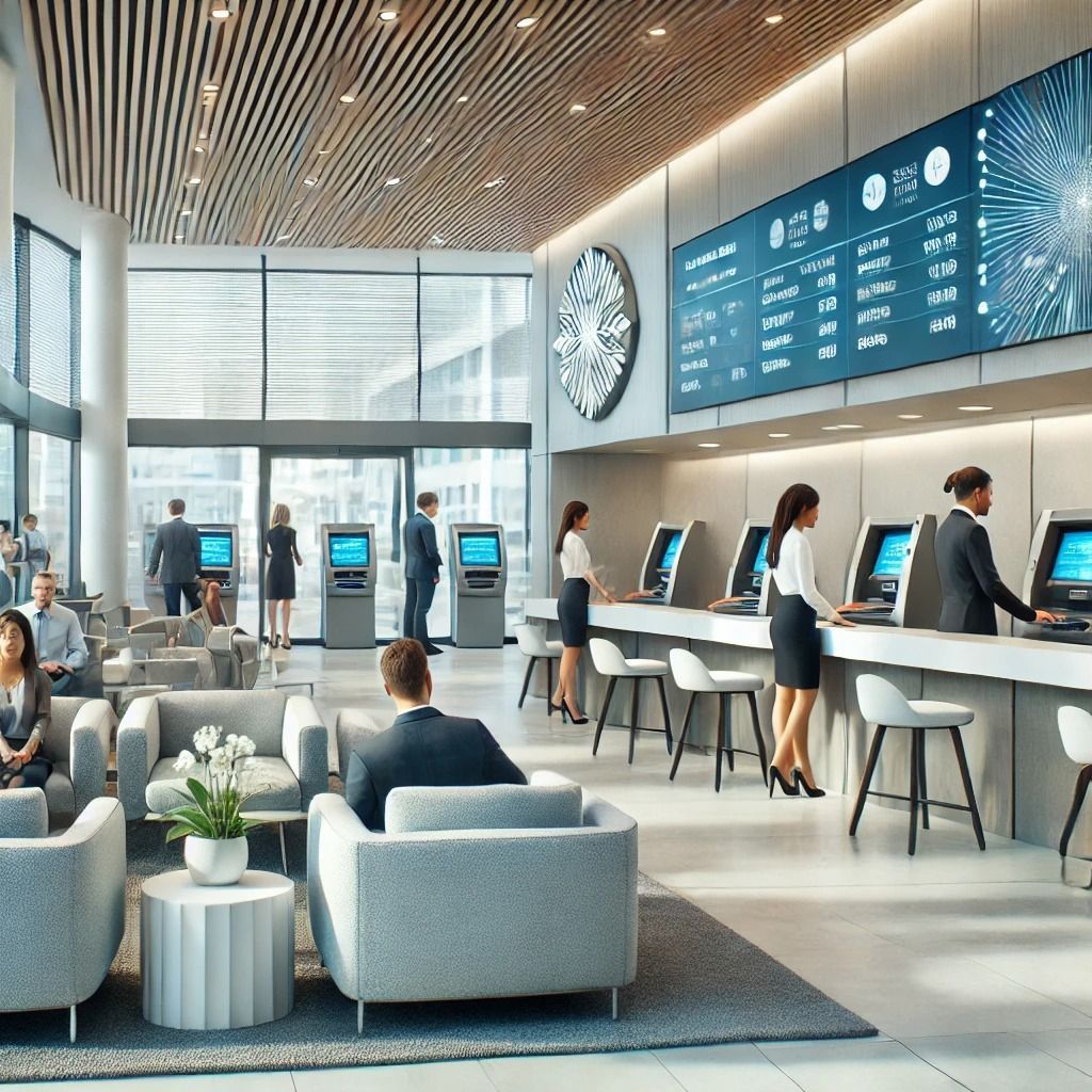Modern business banking lounge with entrepreneurs using self-service terminals, representing merchant cash advances with no bank statements for fast small business funding.