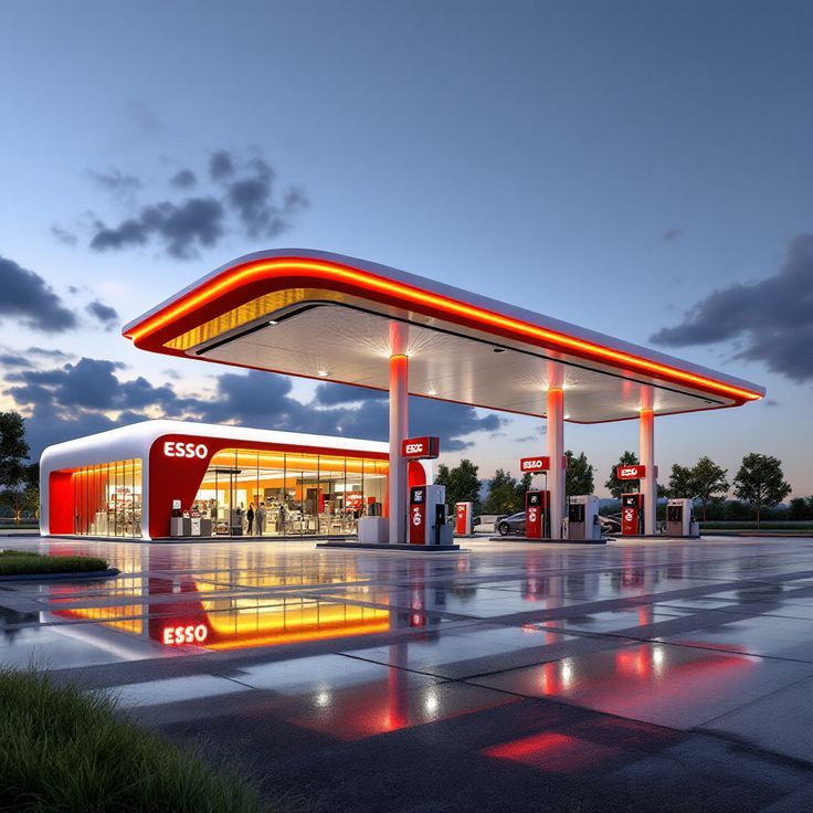 Modern gas station with illuminated fuel pumps and convenience store, representing merchant cash advances for gas stations seeking fast business funding