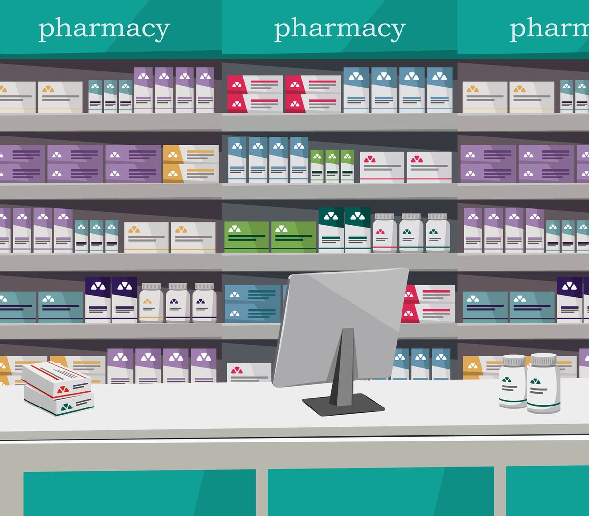 Pharmacy counter with stocked medicine shelves, representing merchant cash advances for pharmacies needing fast business funding.