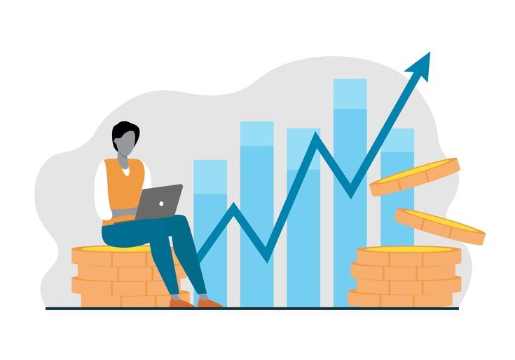 A startup founder working on a laptop with a rising growth chart and coins, representing merchant cash advances supporting startup growth and momentum.