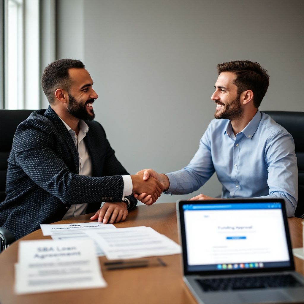 Two business professionals shaking hands across a desk with loan documents and a laptop, symbolizing approval of small business loans for expansion and growth.